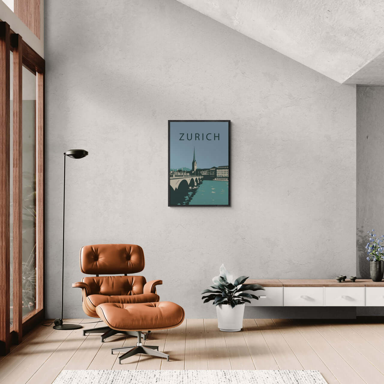 Zurich city - Poster displayed above a cozy leather chair in a modern living room, showcasing Swiss urban elegance.