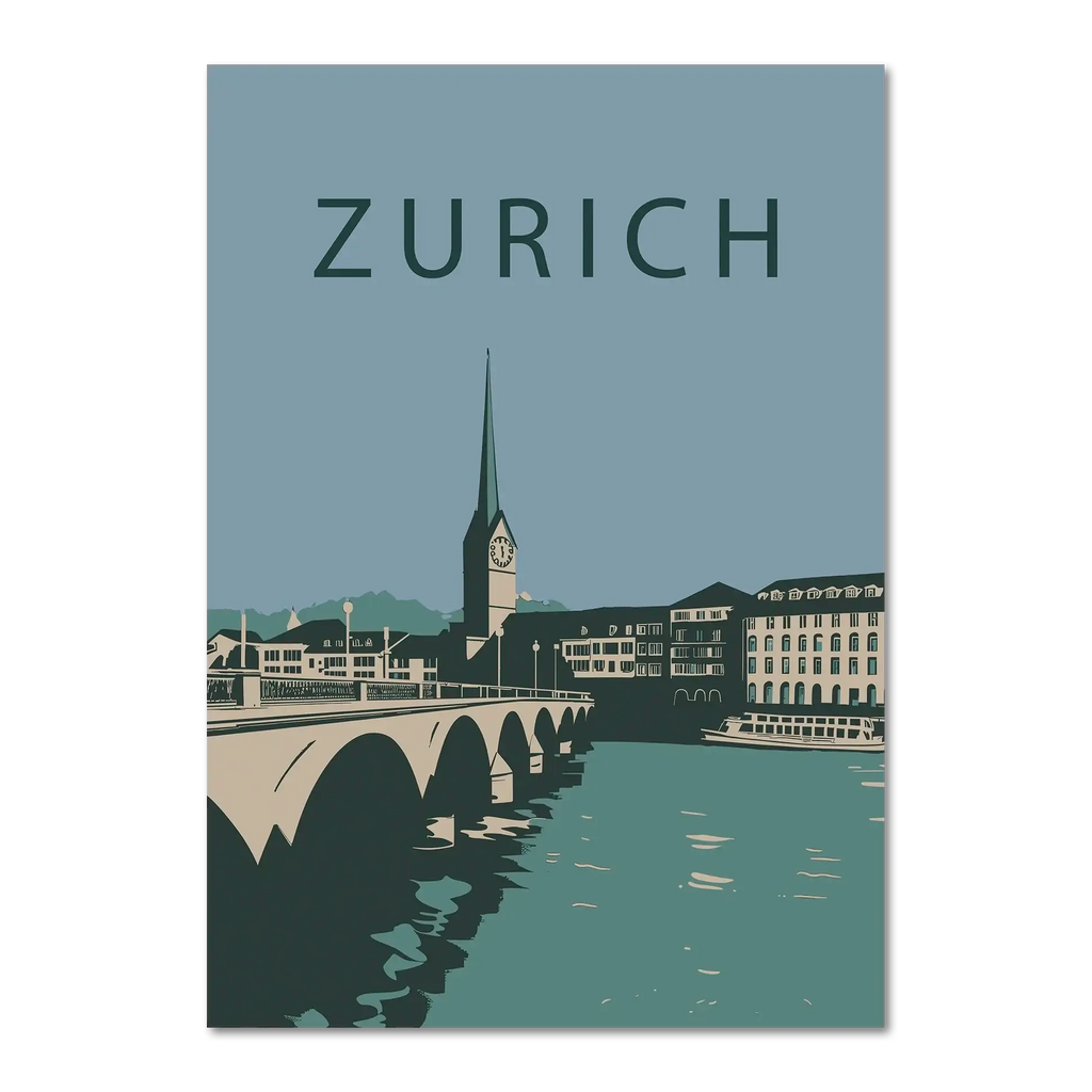 Zurich city - Poster featuring a graphic-style depiction of Zurich's skyline and St. Peter's Church.