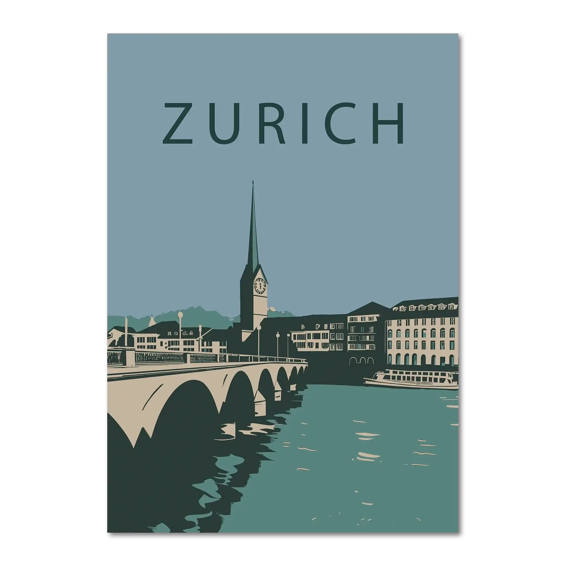 Zurich city - Poster featuring a graphic-style depiction of Zurich's skyline and St. Peter's Church.