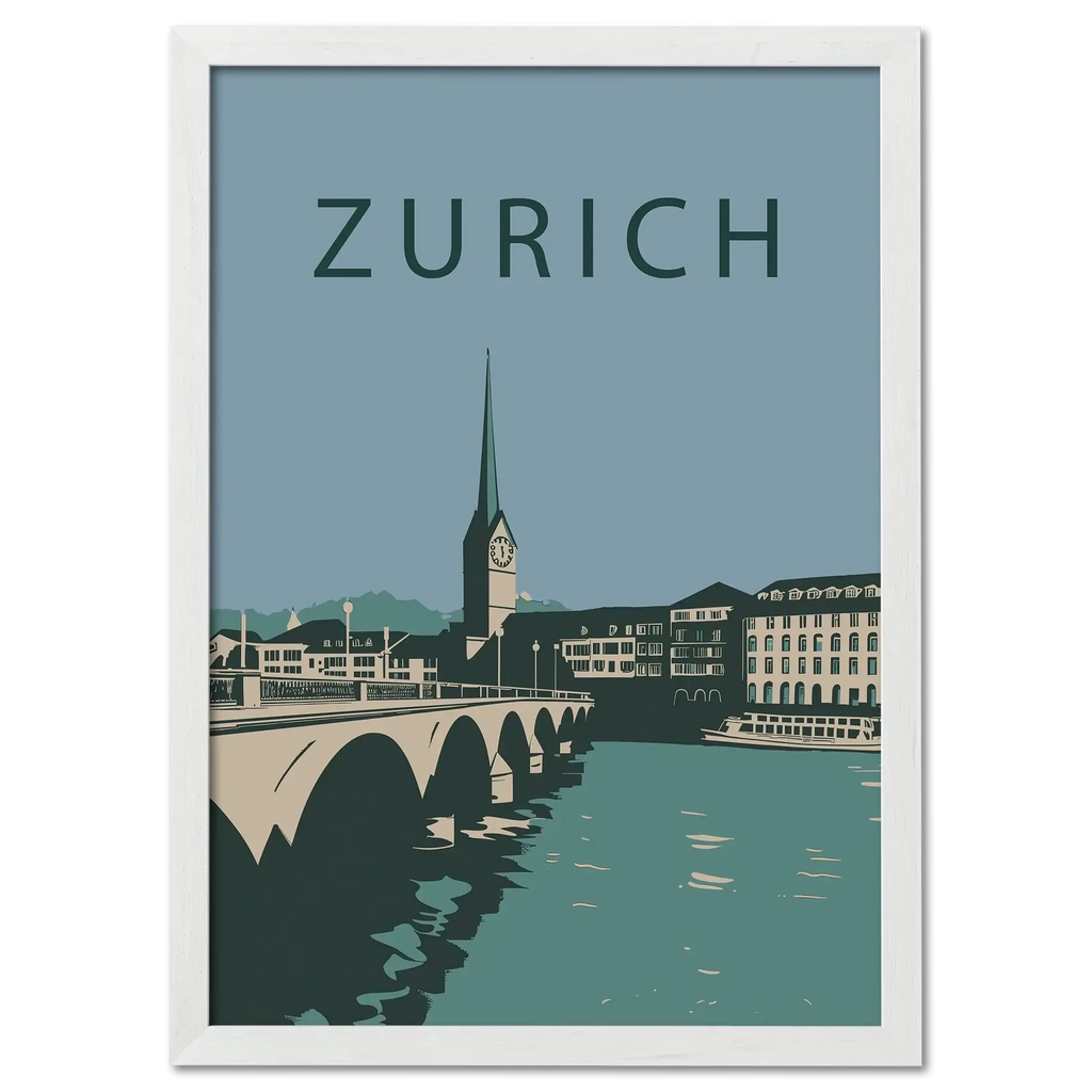 Zurich city - Poster showcasing Zurich's iconic cityscape with the arched bridge and St. Peter's Church.