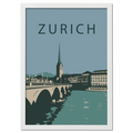 Zurich city - Poster showcasing Zurich's iconic cityscape with the arched bridge and St. Peter's Church.