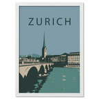 Zurich city - Poster showcasing Zurich's iconic cityscape with the arched bridge and St. Peter's Church.