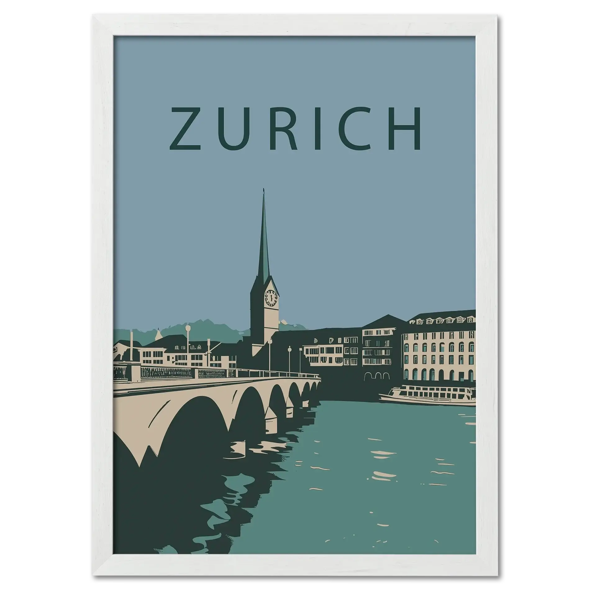 Zurich city - Poster showcasing Zurich's iconic cityscape with the arched bridge and St. Peter's Church.