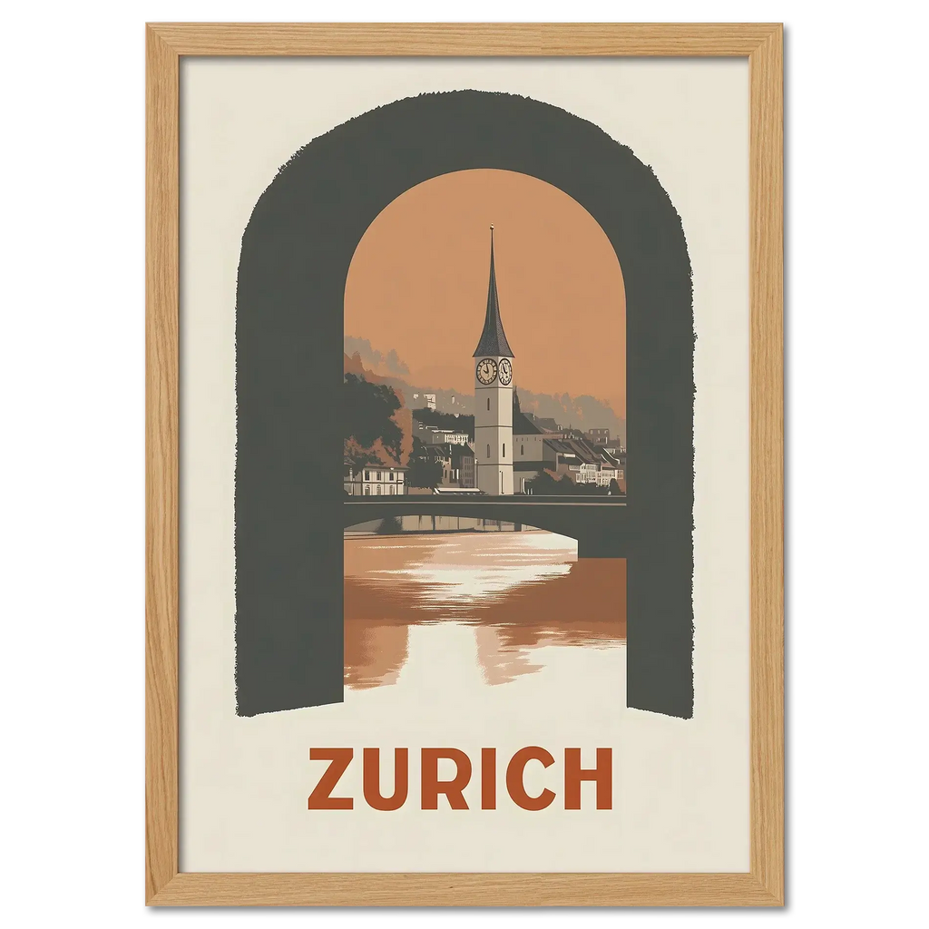 Zurich – A Window to the City - Poster featuring St. Peter’s Church framed in a stylish arch.