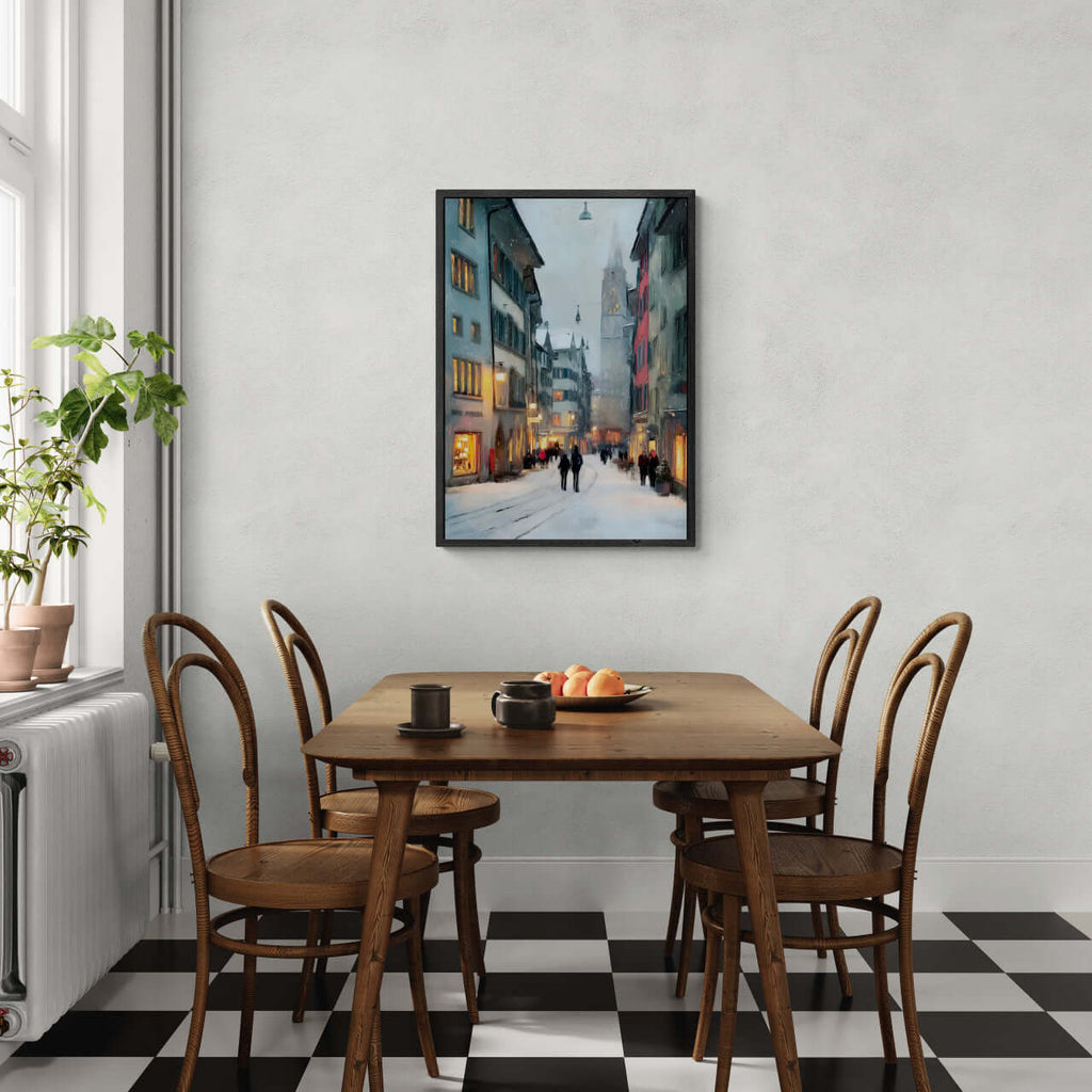 Zurich Snowfall - Poster showcasing a snowy Zurich street scene in a cozy dining area with wooden furniture.