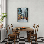 Zurich Snowfall - Poster showcasing a snowy Zurich street scene in a cozy dining area with wooden furniture.