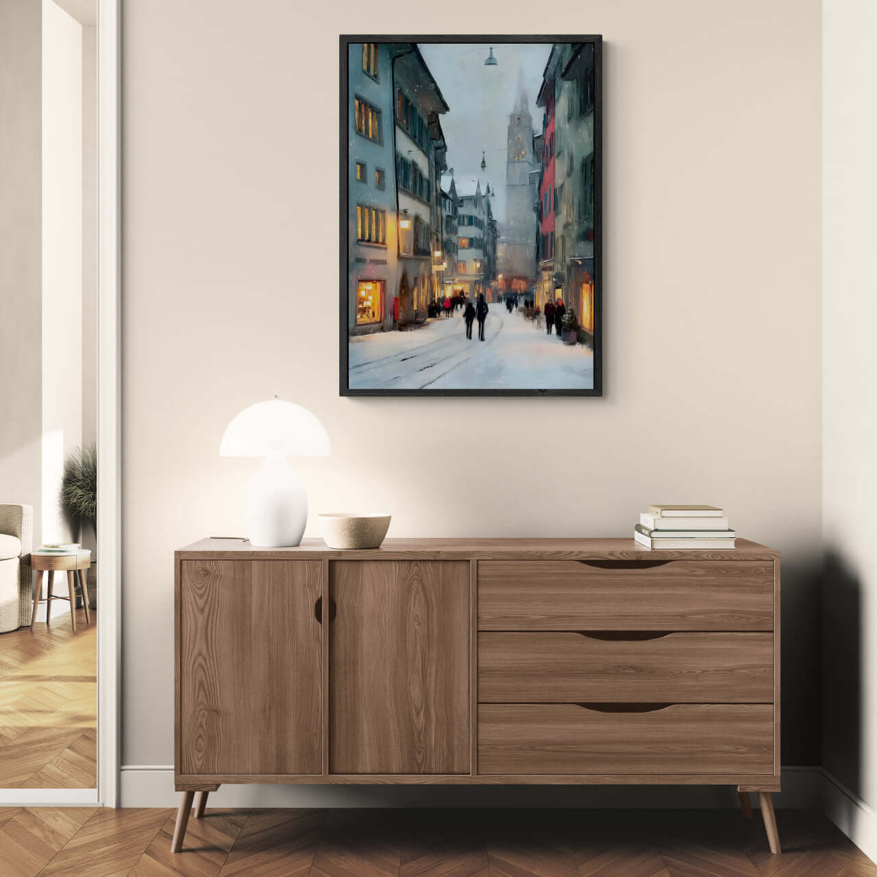 Zurich Snowfall - Poster displaying a picturesque snowfall scene in Zurich's old town, ideal for winter-themed wall art.