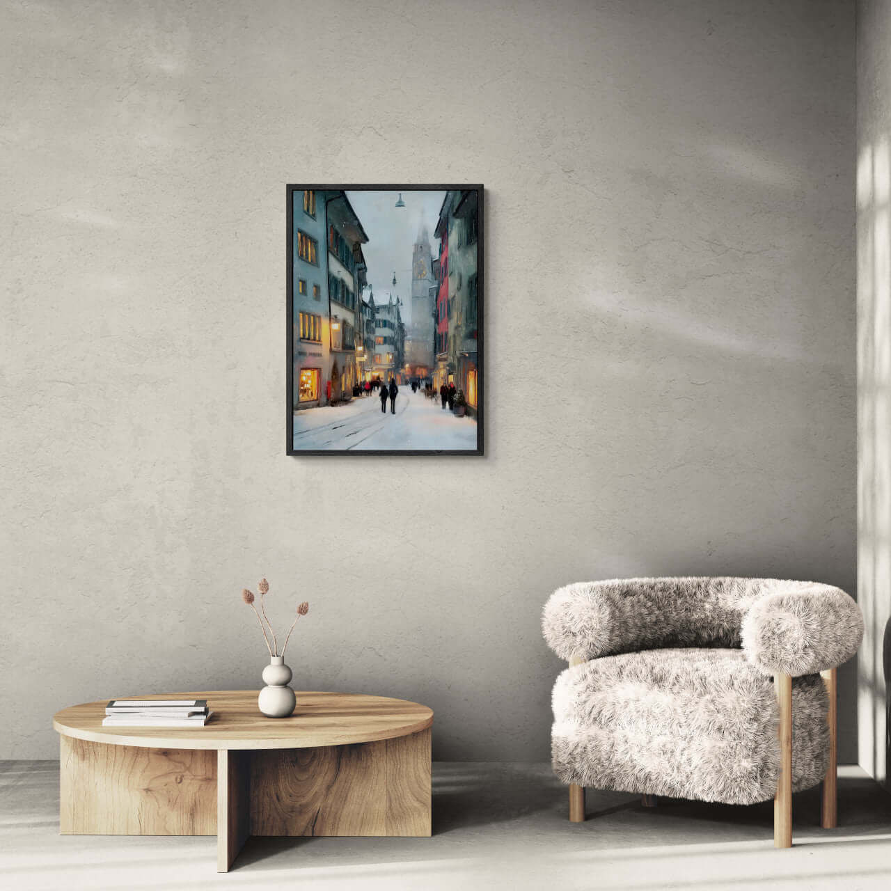 Zurich Snowfall - Poster showcasing a cozy winter scene in Zurich with warm light and historic buildings.