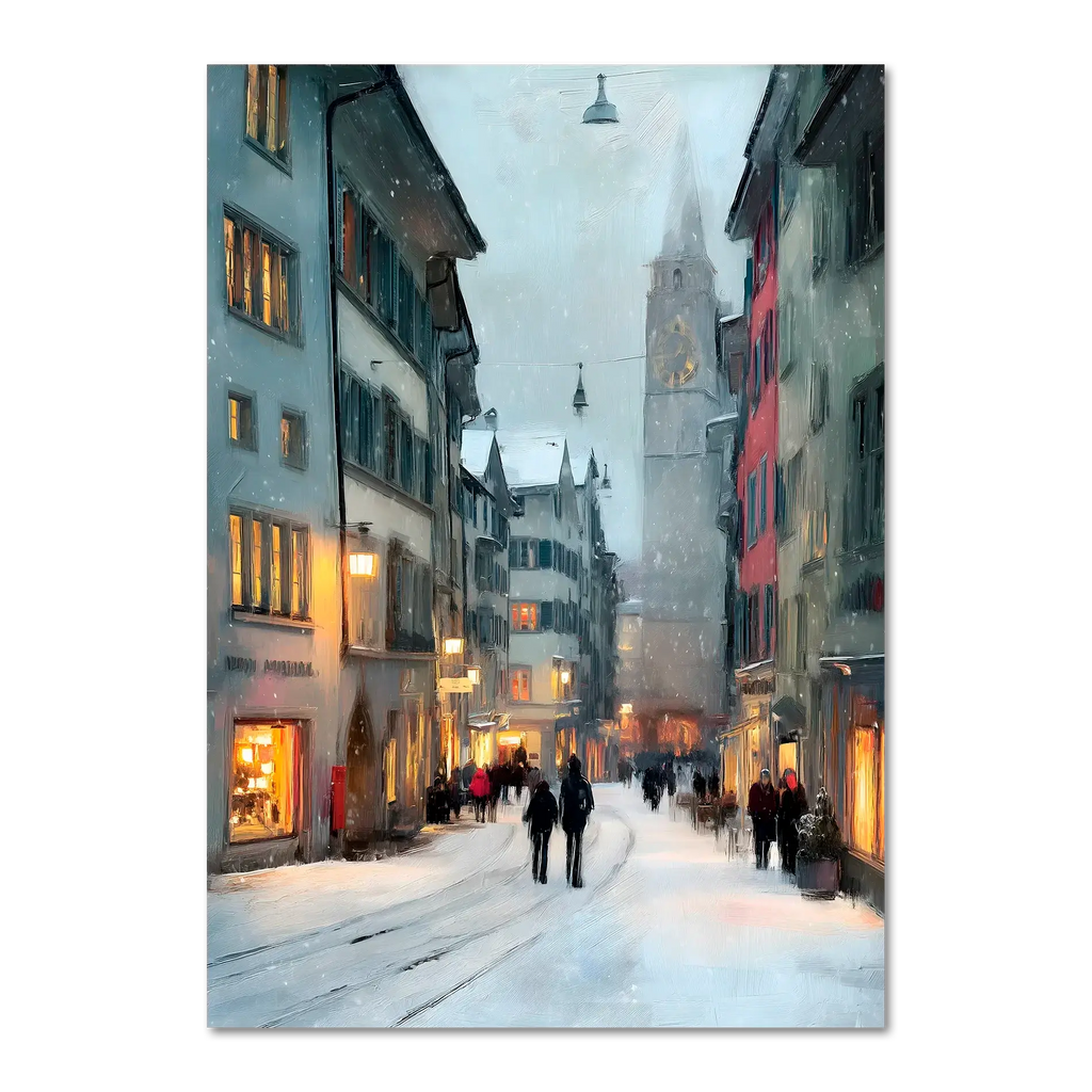 Zurich Snowfall - Poster capturing Zurich's old town in soft snowfall with warm glowing shop windows.