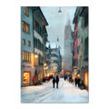 Zurich Snowfall - Poster capturing Zurich's old town in soft snowfall with warm glowing shop windows.