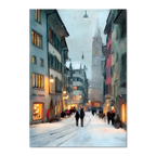 Zurich Snowfall - Poster capturing Zurich's old town in soft snowfall with warm glowing shop windows.