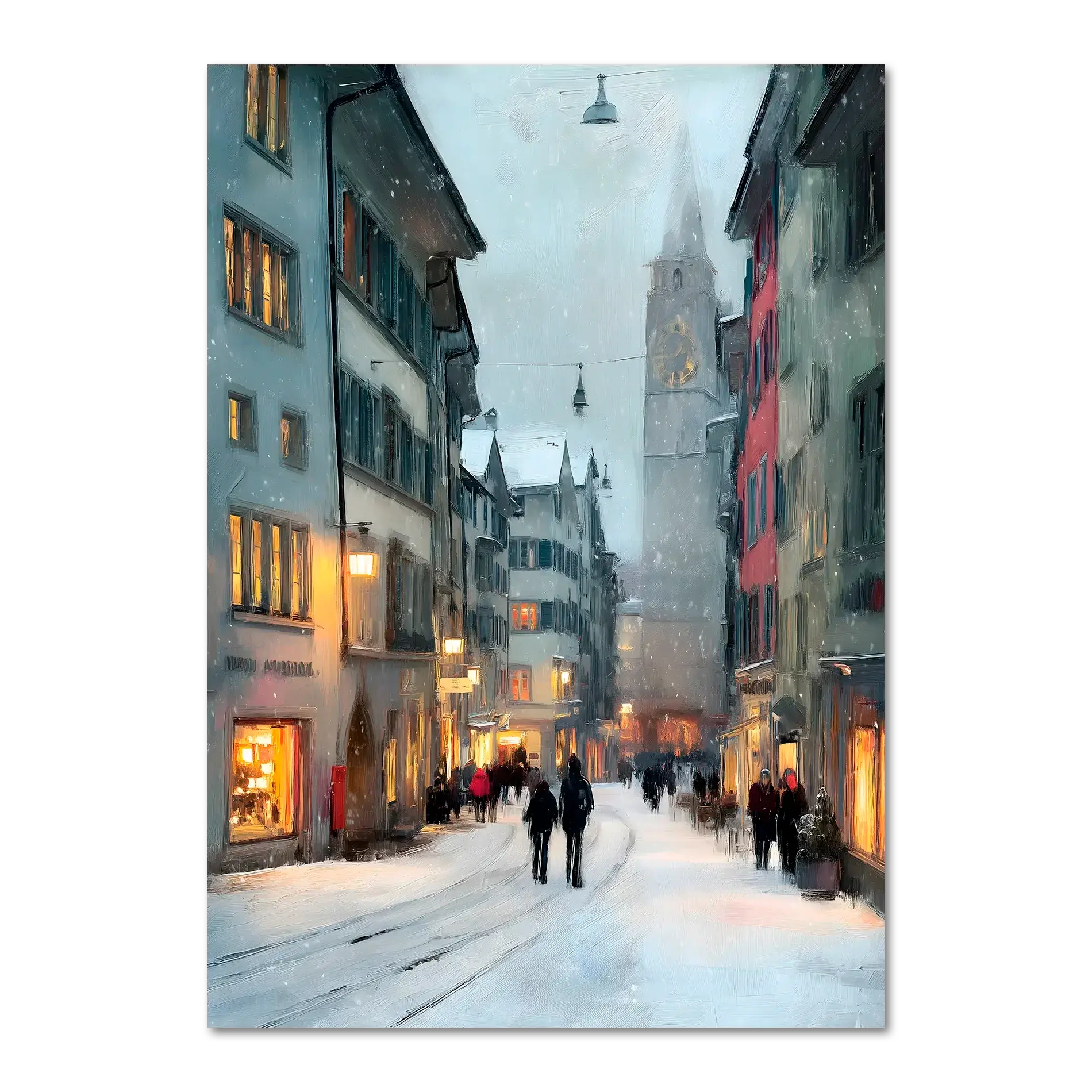 Zurich Snowfall - Poster capturing Zurich's old town in soft snowfall with warm glowing shop windows.