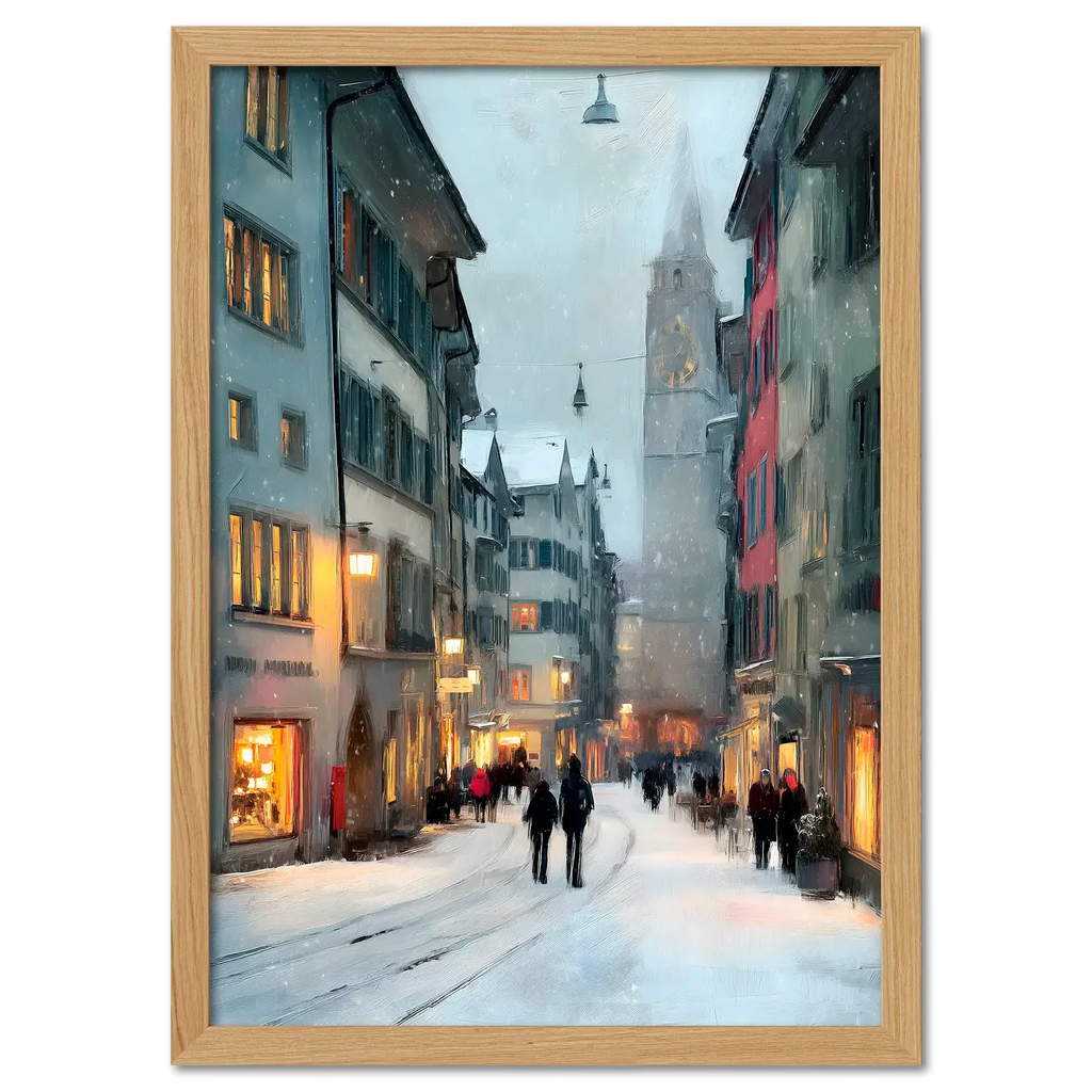 Zurich Snowfall - Poster featuring a snowy Zurich street with warm shop lights and historic buildings.