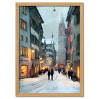 Zurich Snowfall - Poster featuring a snowy Zurich street with warm shop lights and historic buildings.