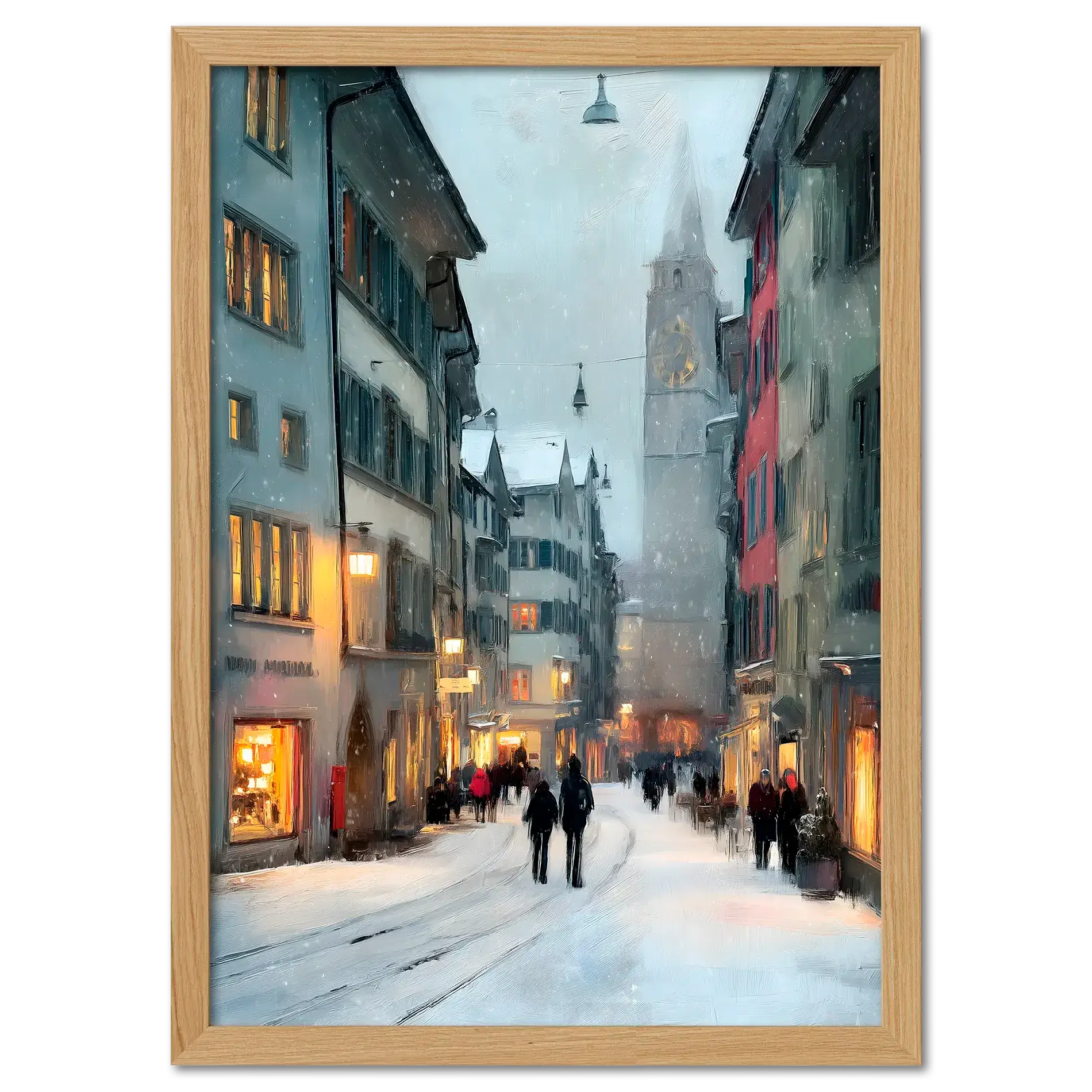 Zurich Snowfall - Poster featuring a snowy Zurich street with warm shop lights and historic buildings.