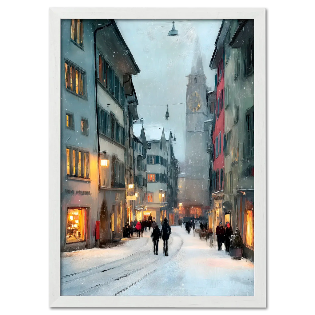 Zurich Snowfall - Poster showcasing a snowy street scene in Zurich's old town with historic buildings and warm shop lights.