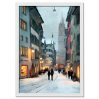 Zurich Snowfall - Poster showcasing a snowy street scene in Zurich's old town with historic buildings and warm shop lights.
