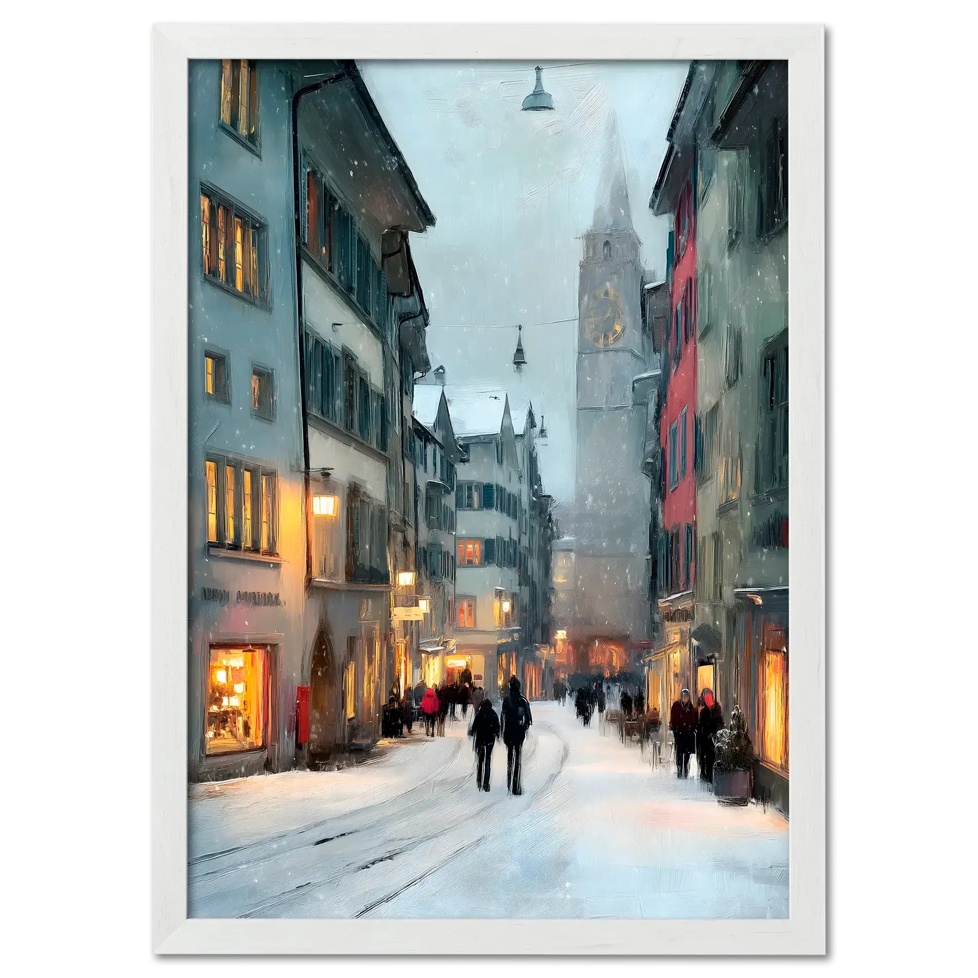 Zurich Snowfall - Poster showcasing a snowy street scene in Zurich's old town with historic buildings and warm shop lights.