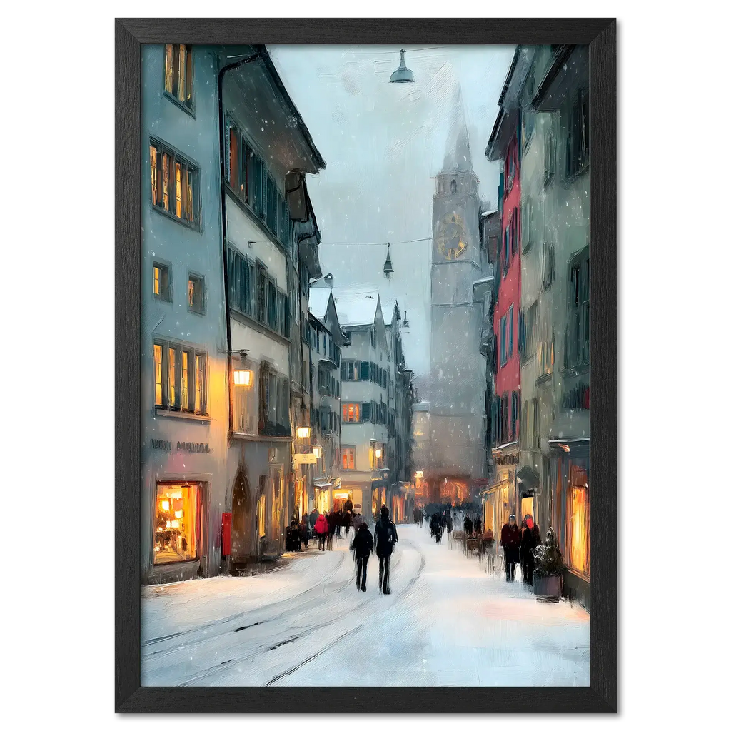 Zurich Snowfall - Poster featuring snowy Zurich old town with historic architecture and warm shop lights.