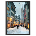 Zurich Snowfall - Poster featuring snowy Zurich old town with historic architecture and warm shop lights.