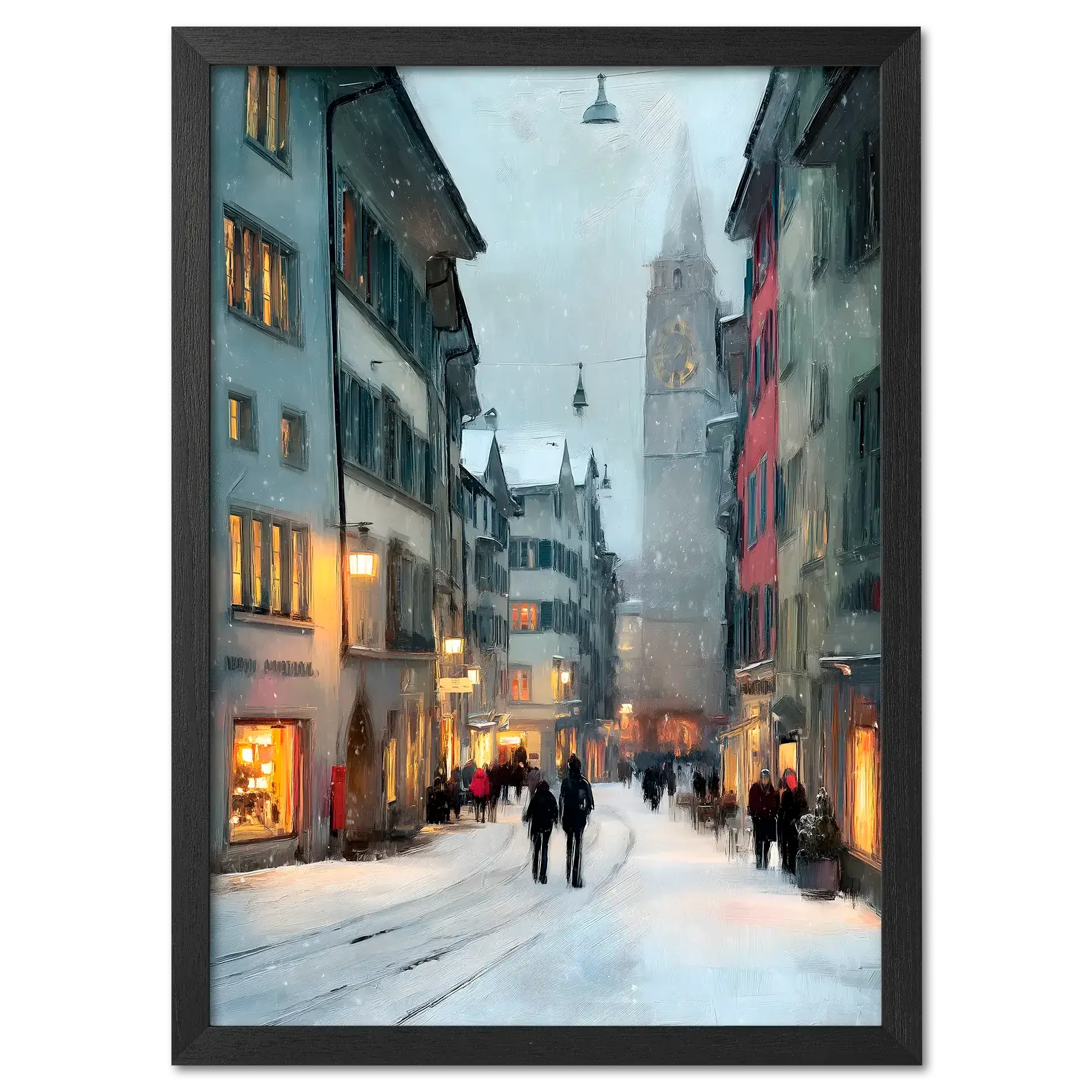 Zurich Snowfall - Poster featuring snowy Zurich old town with historic architecture and warm shop lights.
