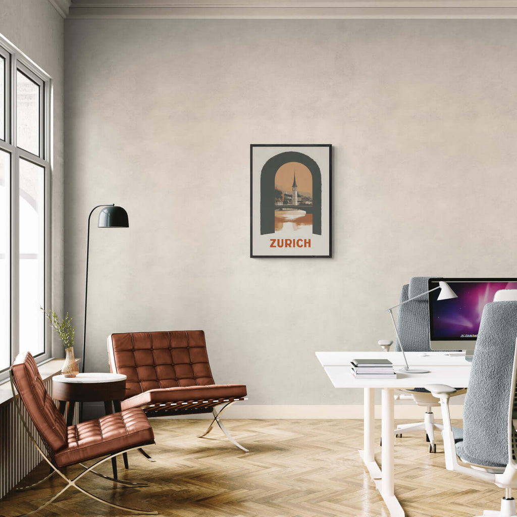 Zurich – A Window to the City - Poster displayed in modern office interior with stylish furniture.