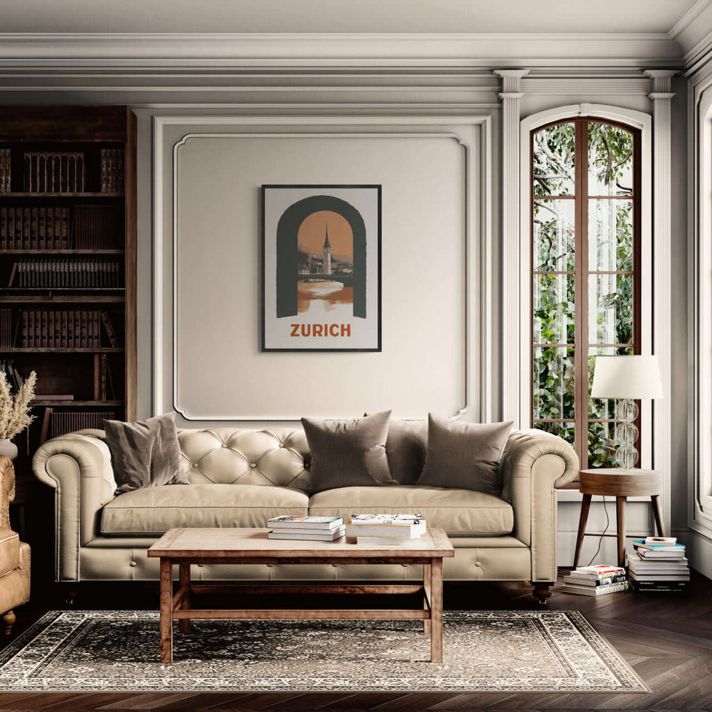 Zurich – A Window to the City - Poster displayed in a modern living room with stylish decor.