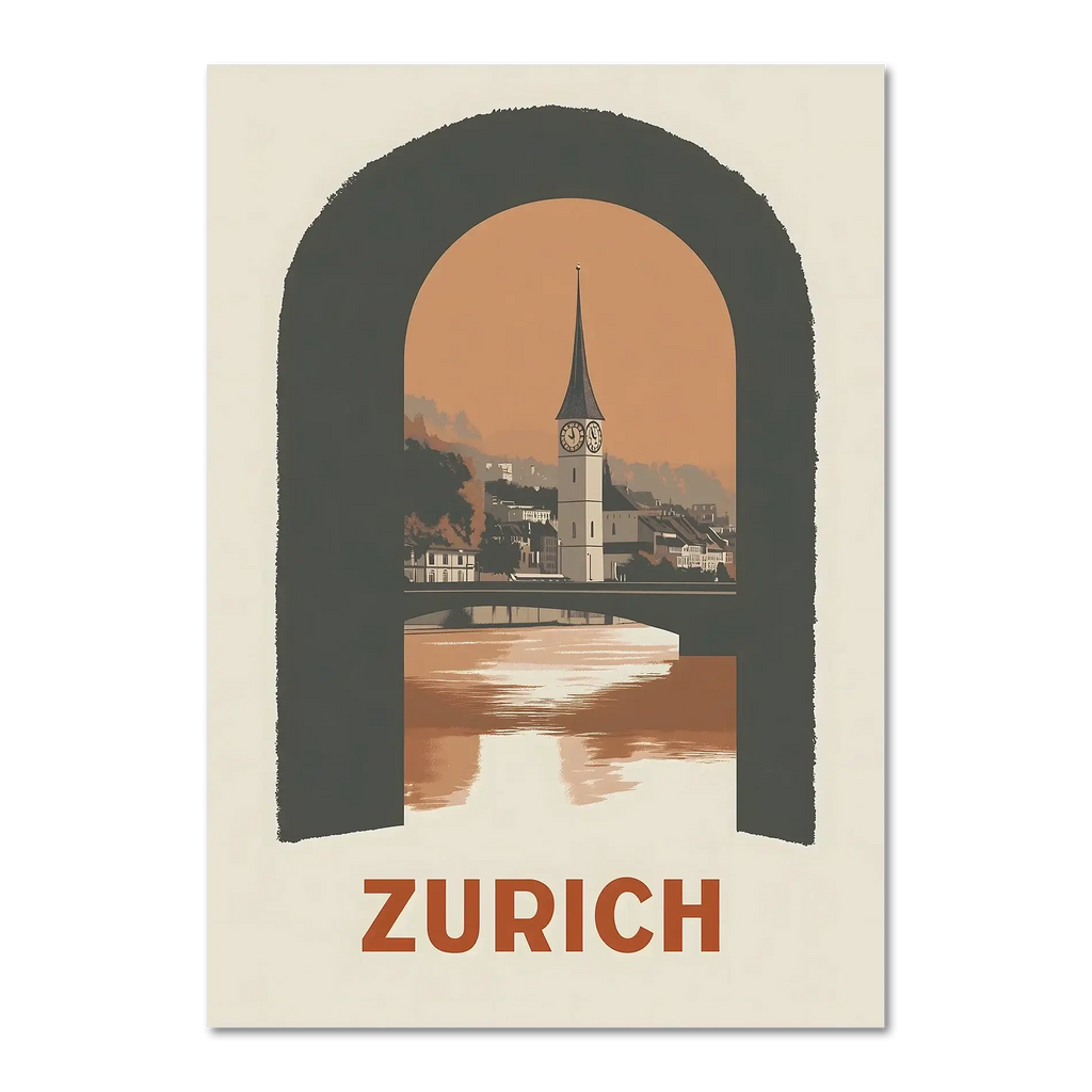 Zurich – A Window to the City - Poster featuring St. Peter’s Church in an arch design.